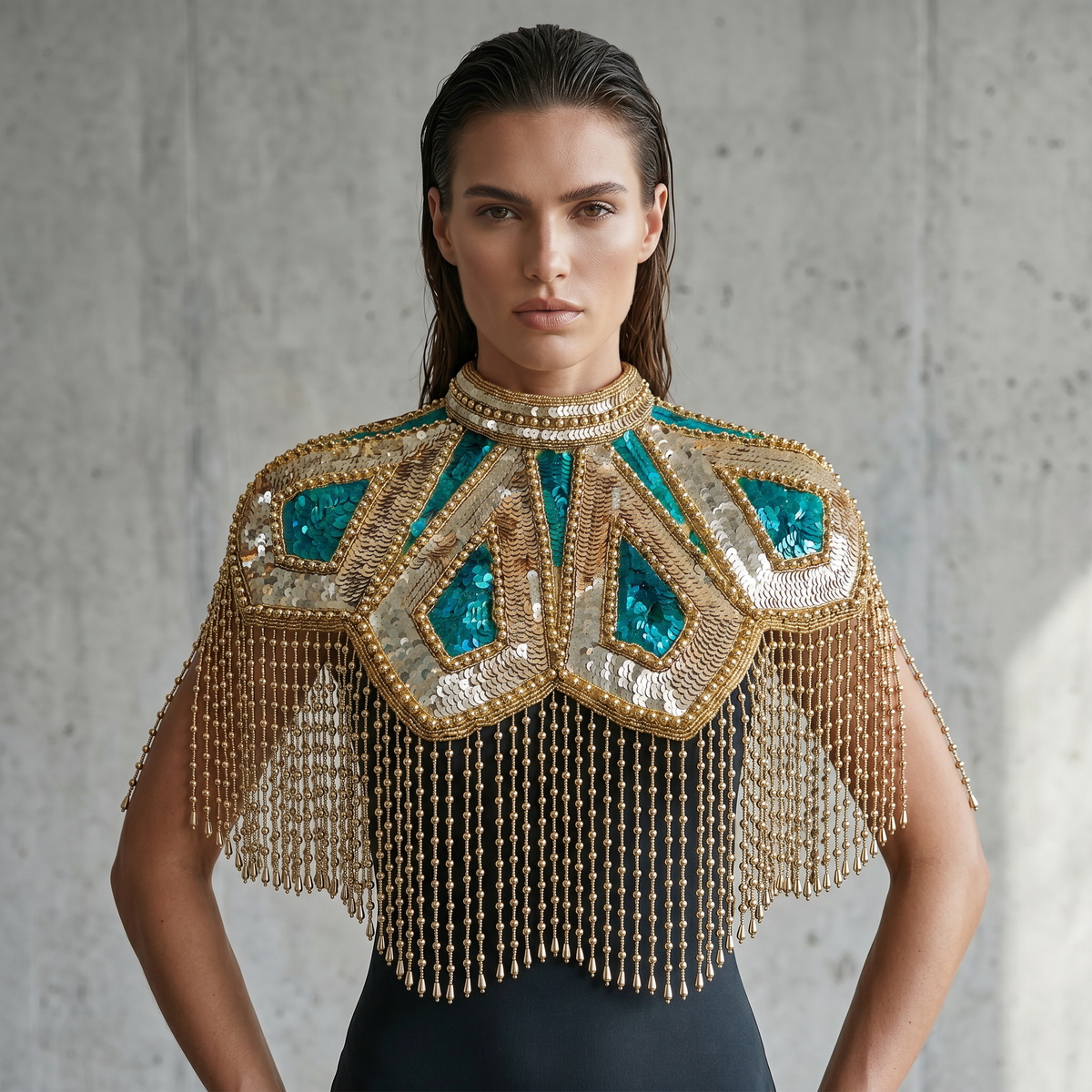 The "Meridian" Cape, Art Deco Capelet, Green & Gold