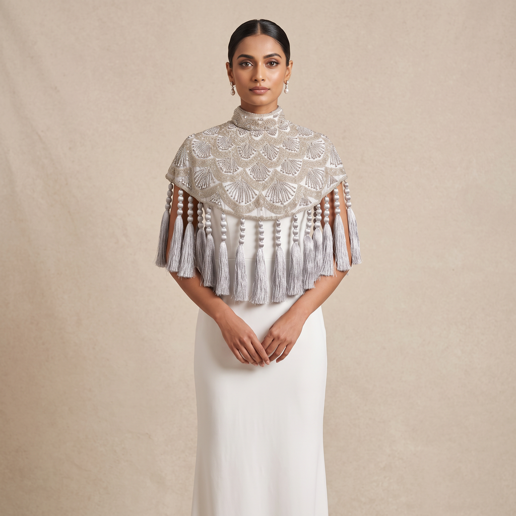 Celestine Silver Beaded Tassel Cape