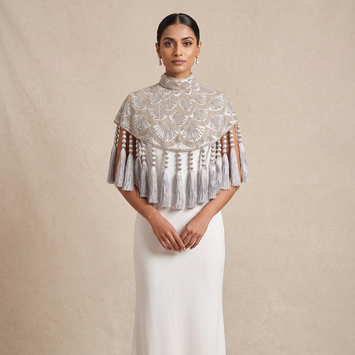 Celestine Silver Beaded Tassel Cape