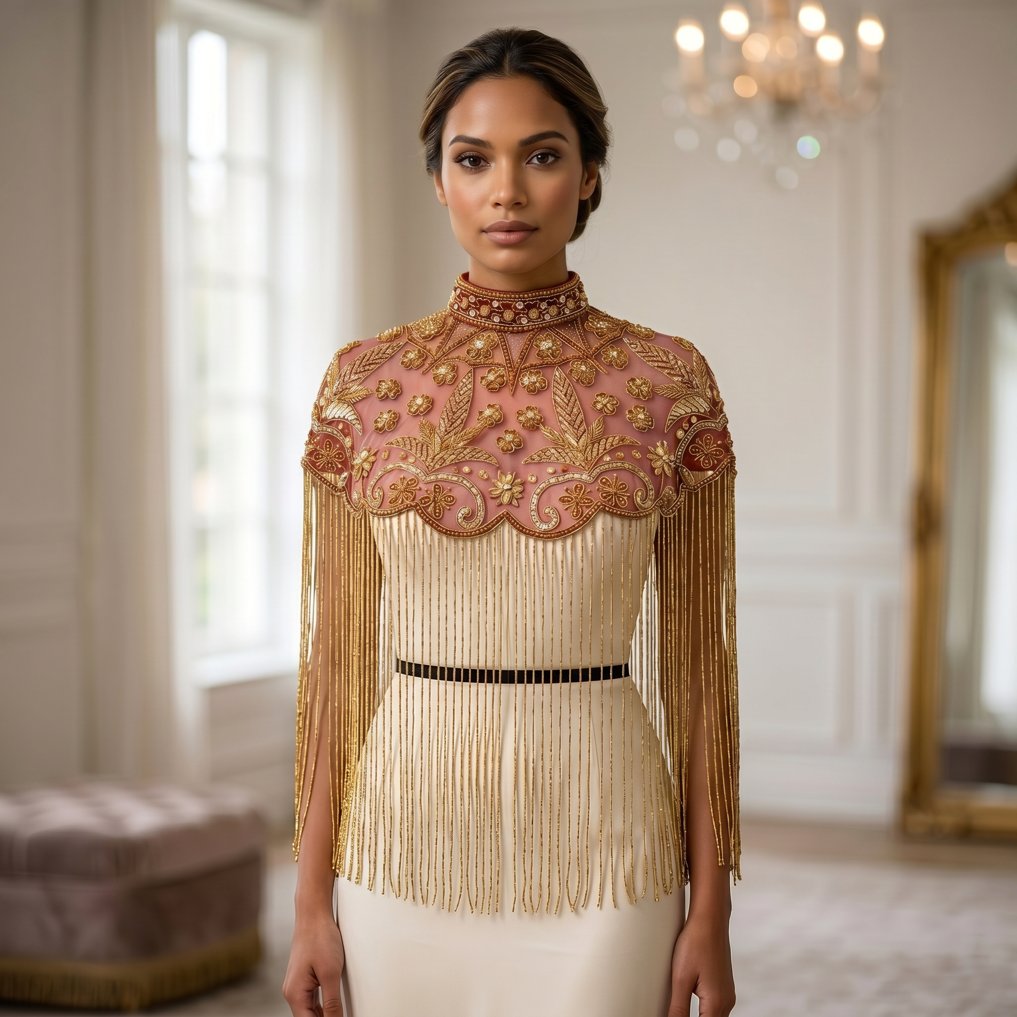 The "Rosaline" Beaded Fringe Cape, Red & Gold