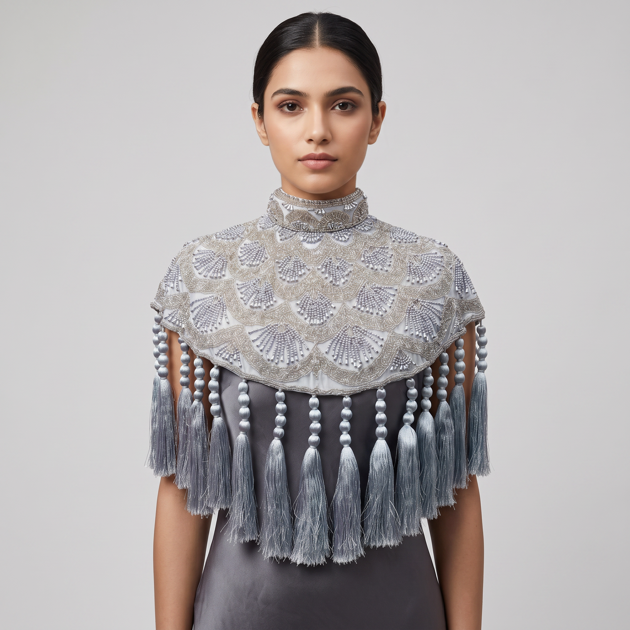 Celestine Silver Beaded Tassel Cape