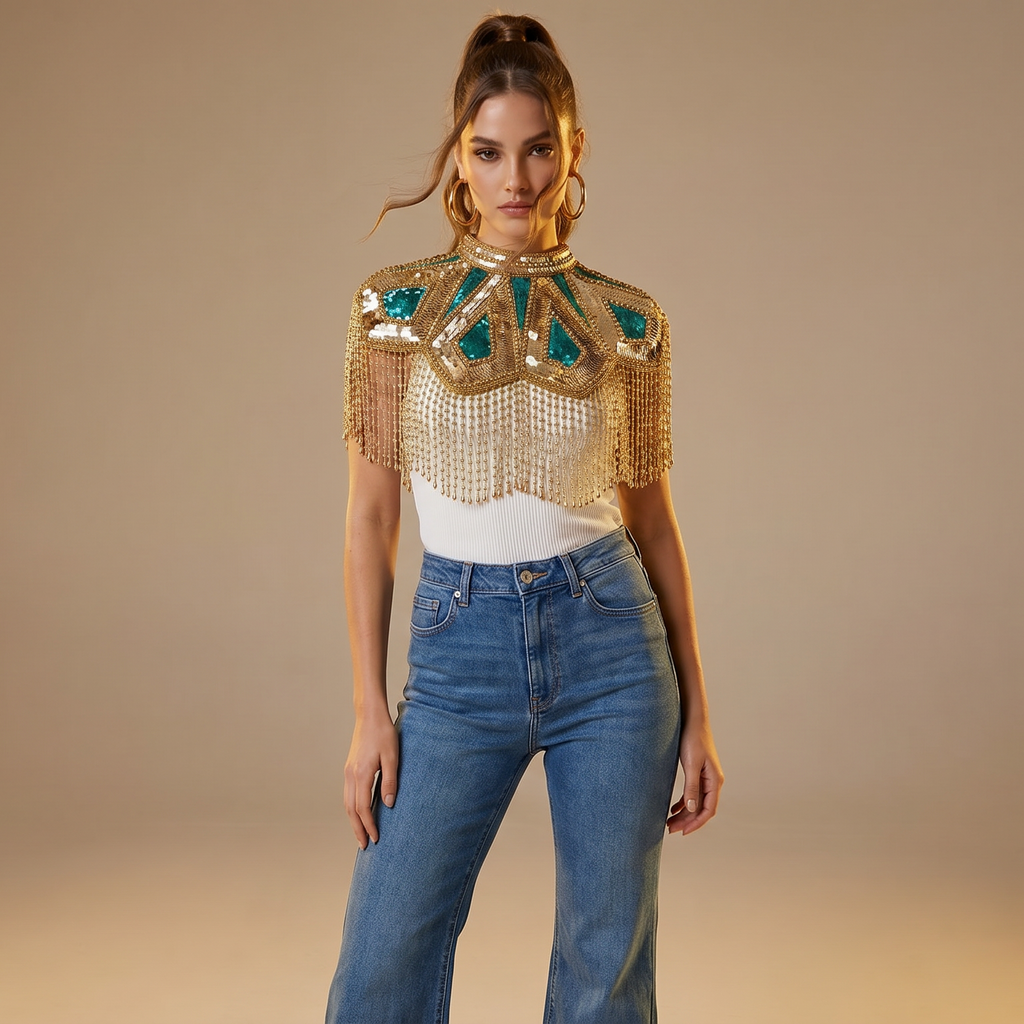 The "Meridian" Cape, Art Deco Capelet, Green & Gold