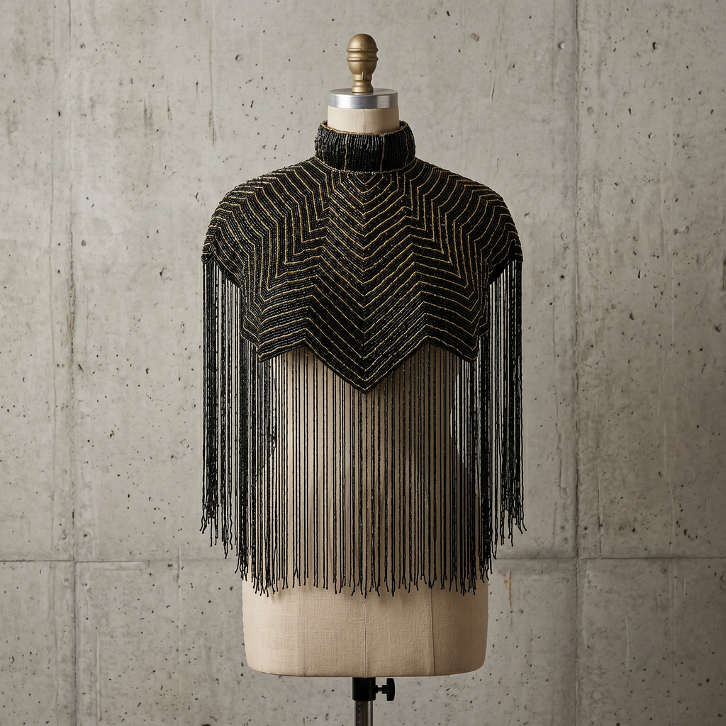 The "Nocturne" Beaded Fringe Cape, Black & Gold