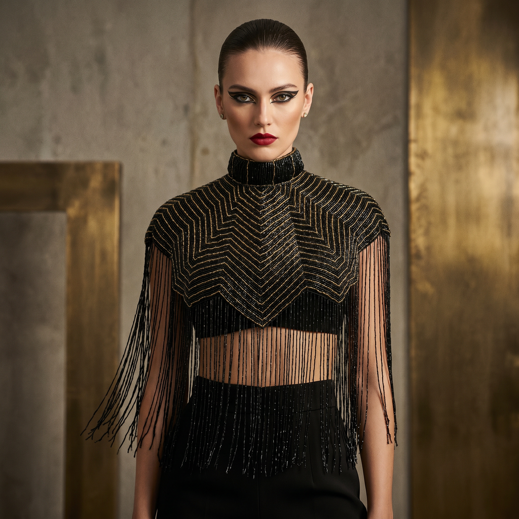 The "Nocturne" Beaded Fringe Cape, Black & Gold