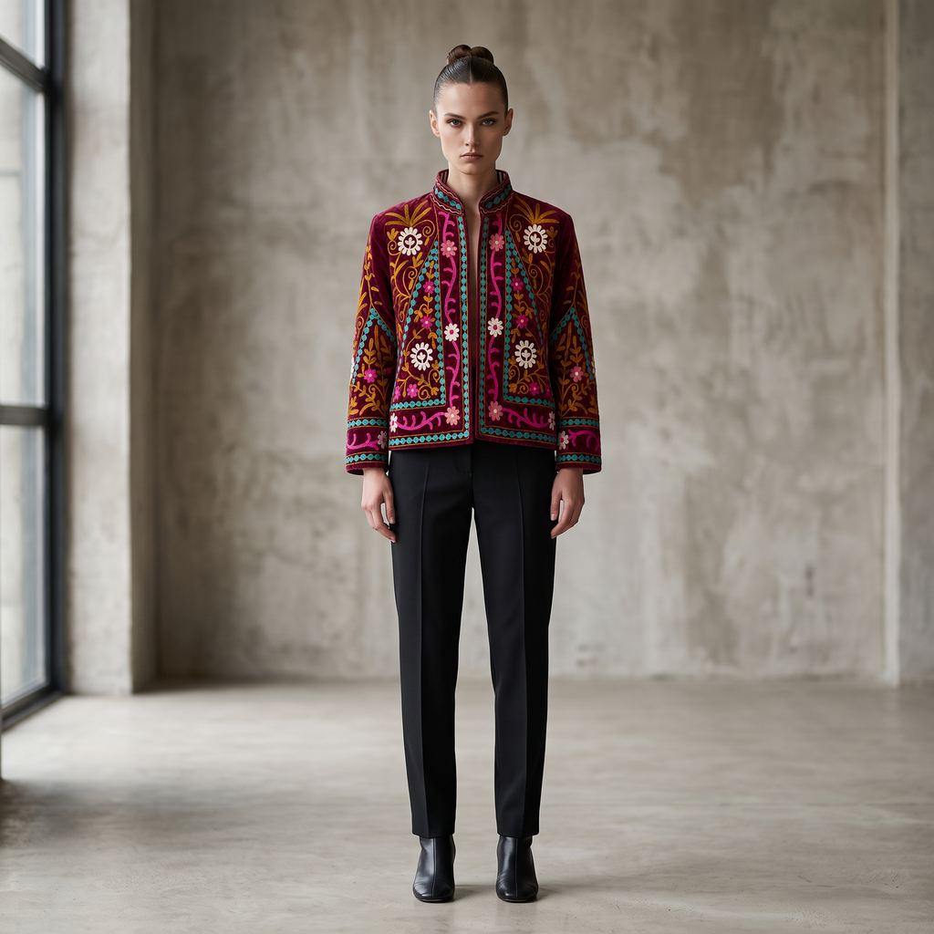 Ruby Garden Embroidered Cotton Velvet Jacket