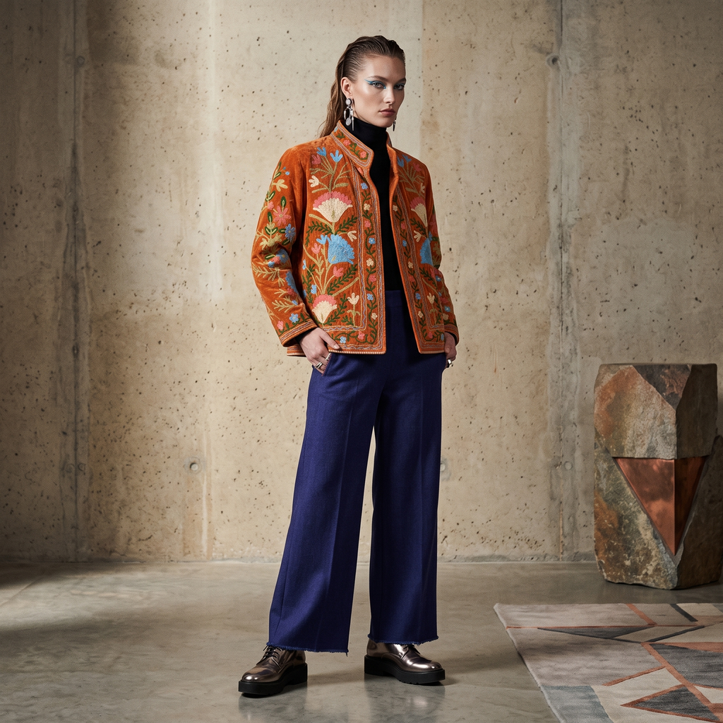 Marigold Garden Embroidered Cotton Velvet Jacket
