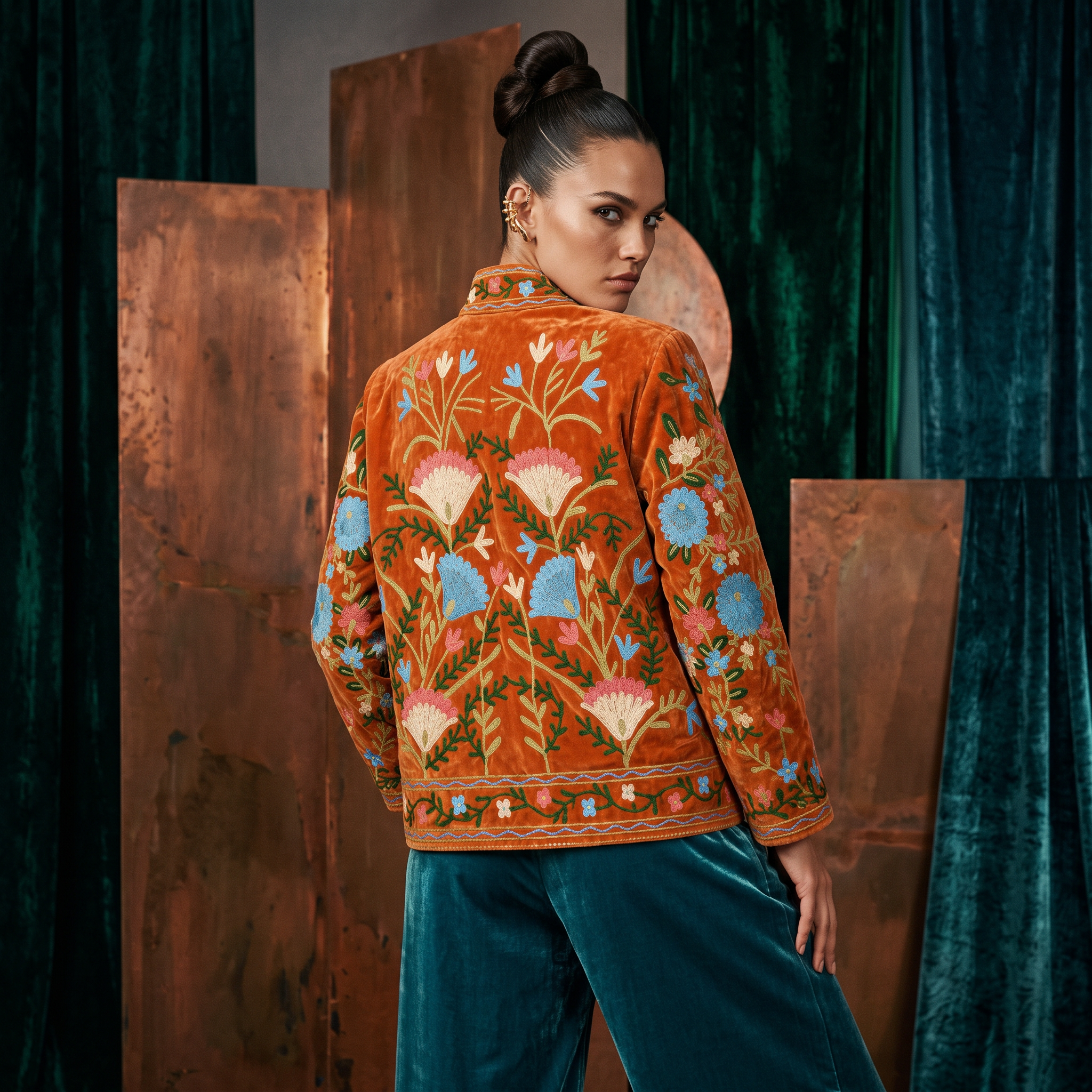 Marigold Garden Embroidered Cotton Velvet Jacket