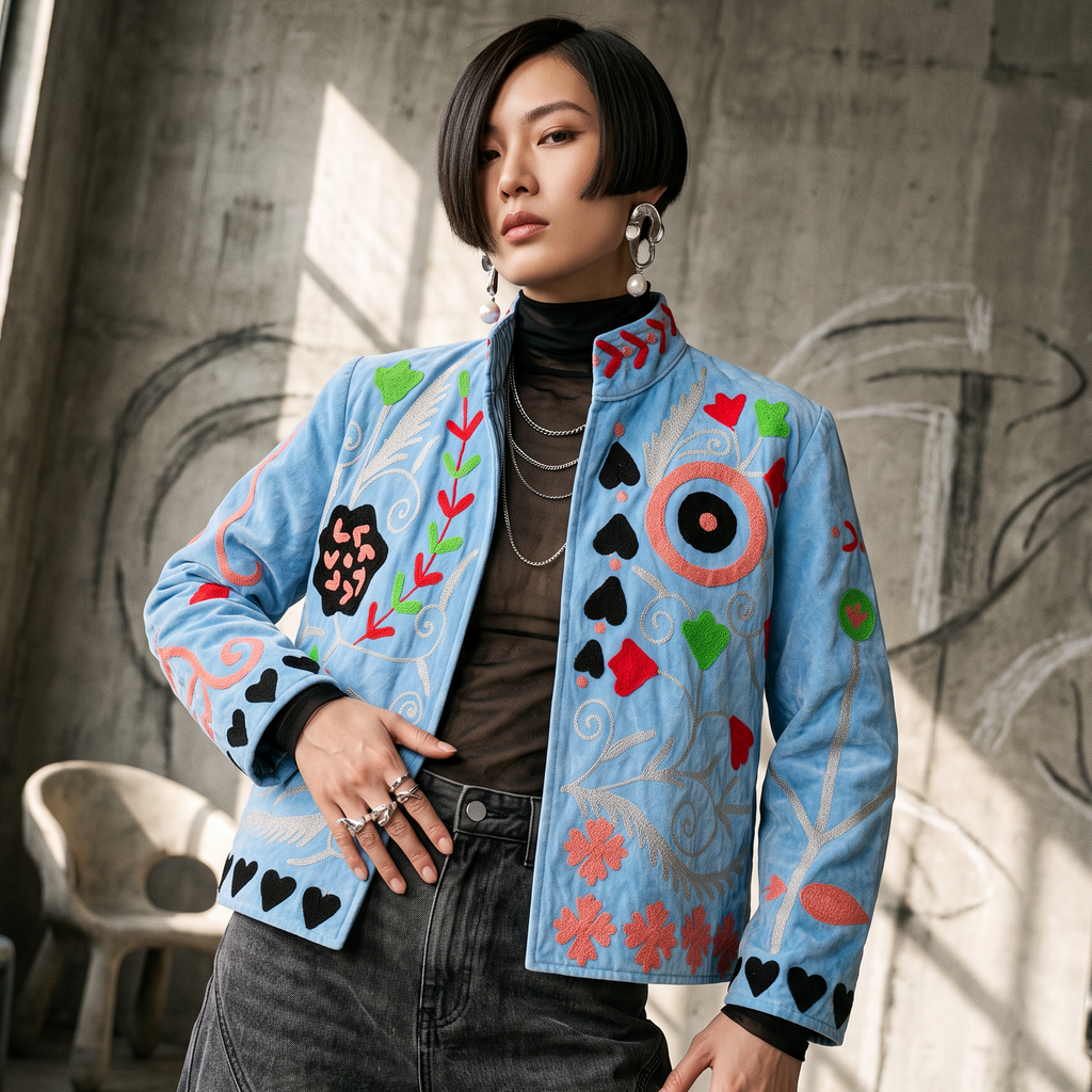 Azure Garden Embroidered Cotton Velvet Jacket