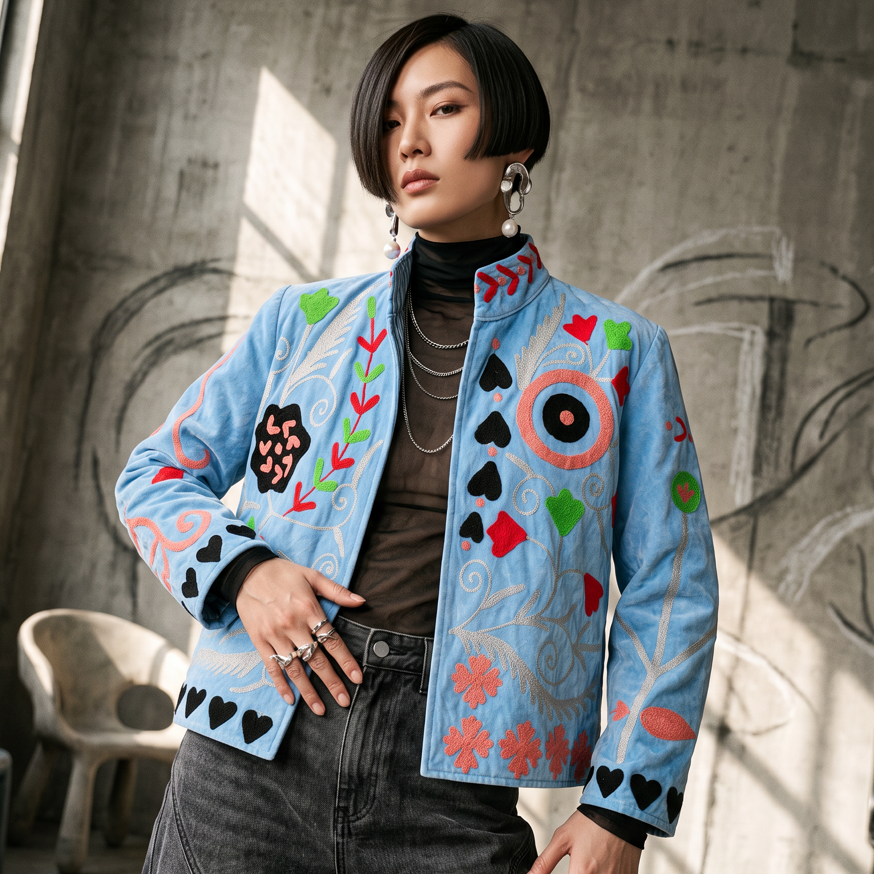 Azure Garden Embroidered Cotton Velvet Jacket