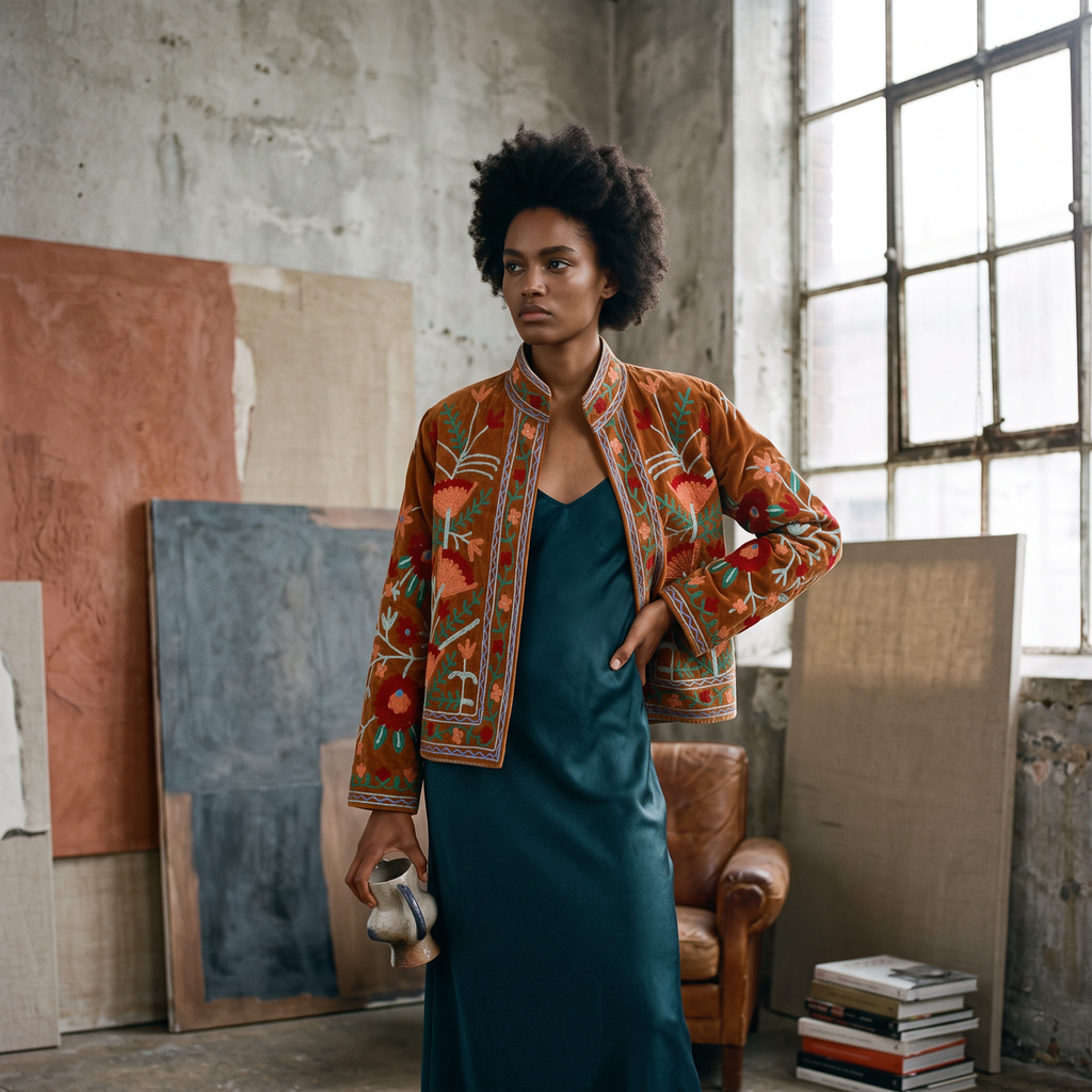 Saffron Wildflower Embroidered Cotton Velvet Jacket
