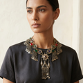 Vintage Afghan Tribal Bib Necklace, Antique Brass Kuchi Statement Pendant