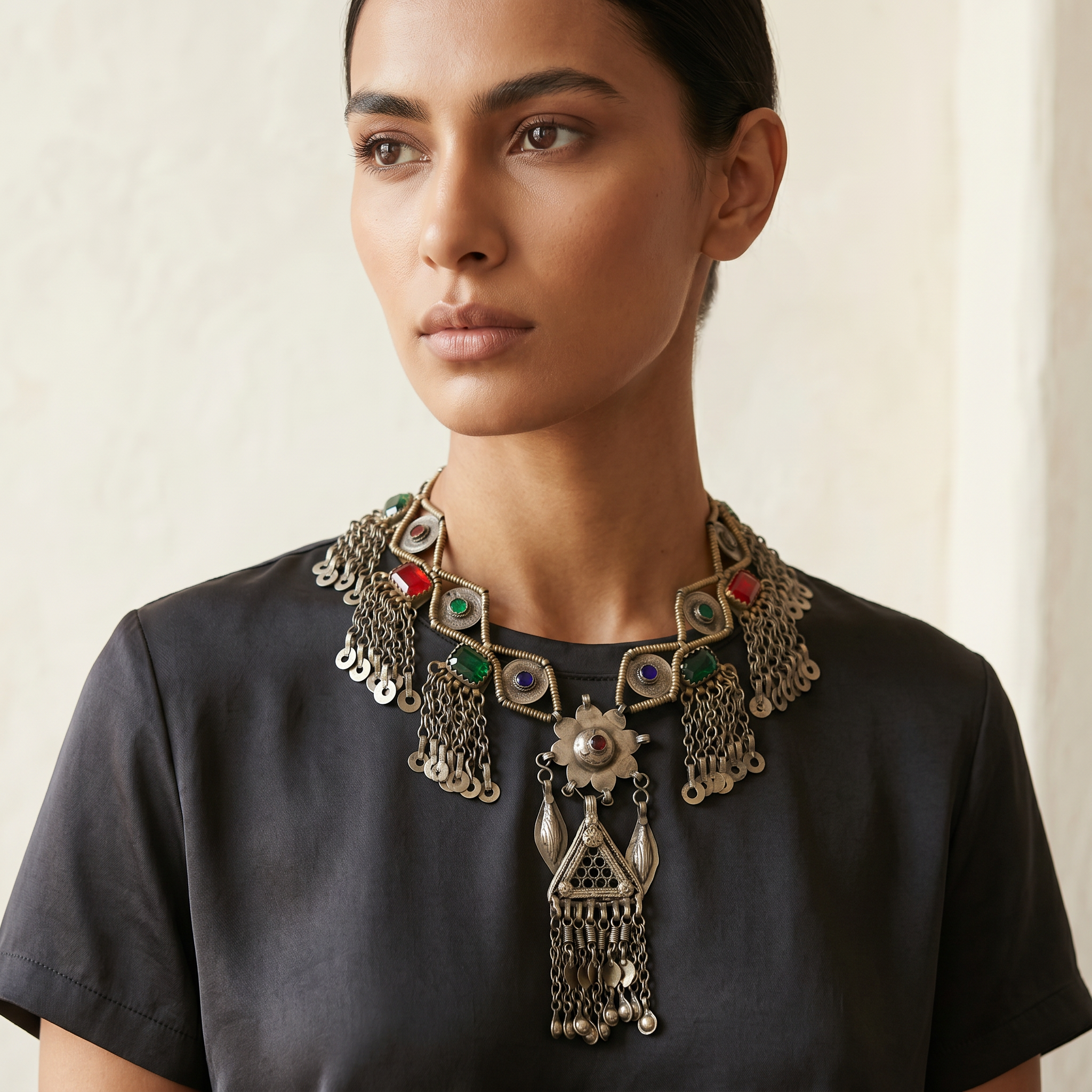 Vintage Afghan Tribal Bib Necklace, Antique Brass Kuchi Statement Pendant