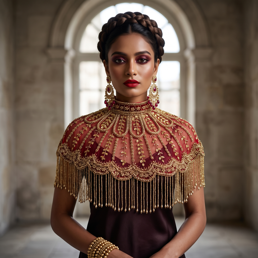 The Calista | Maroon & Gold Beaded Fringe Capelet