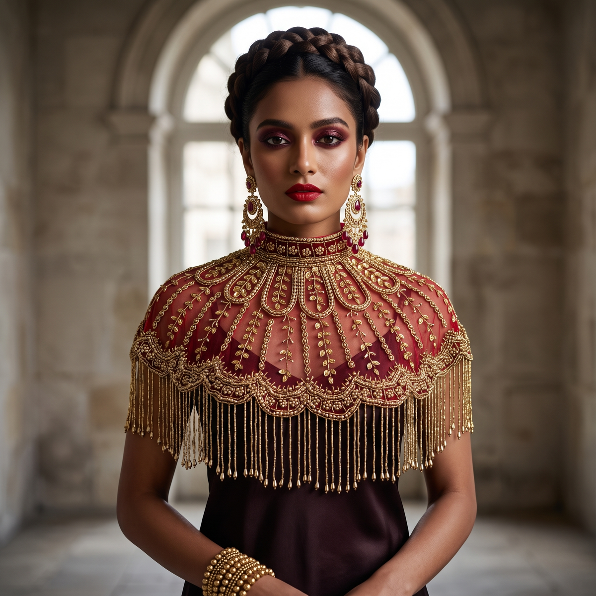 The Calista | Maroon & Gold Beaded Fringe Capelet