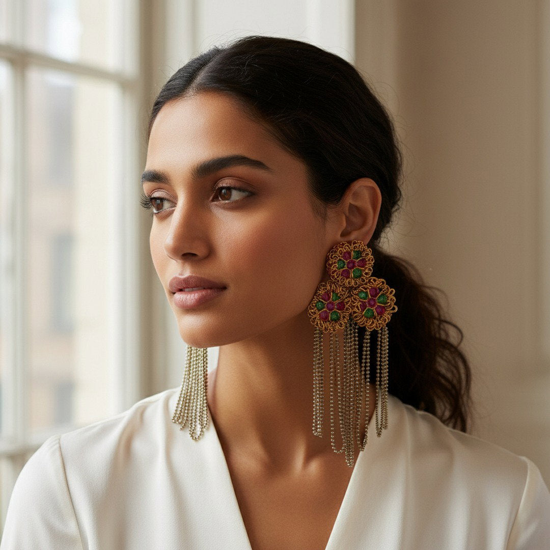The Granada Fringe – Hand-Embroidered Floral Chain Earrings