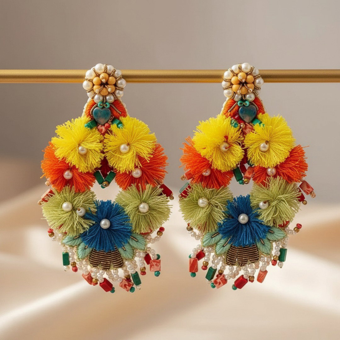 The Cartagena Fiesta – Hand-Embroidered Pom Statement Earrings