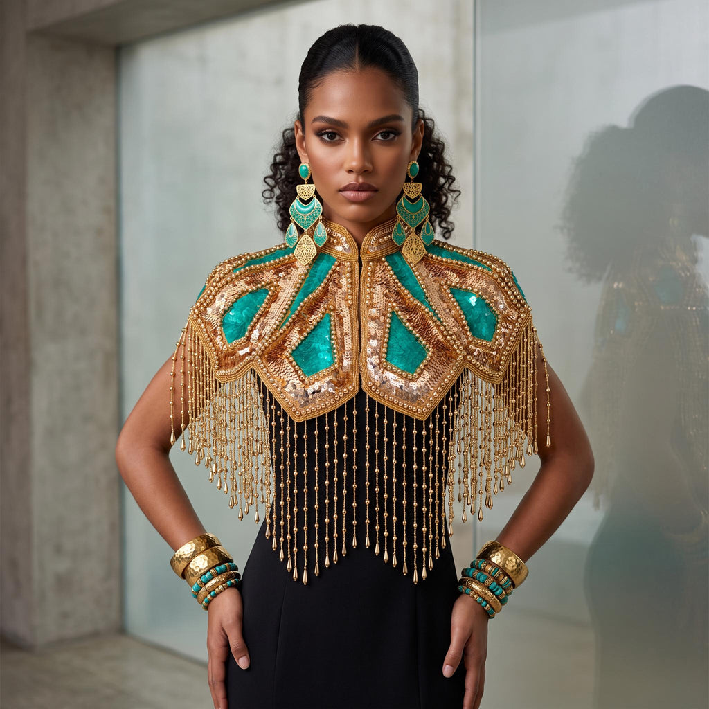 Art Deco Capelet: Structured High Collar Gold Beaded Fringe Cape