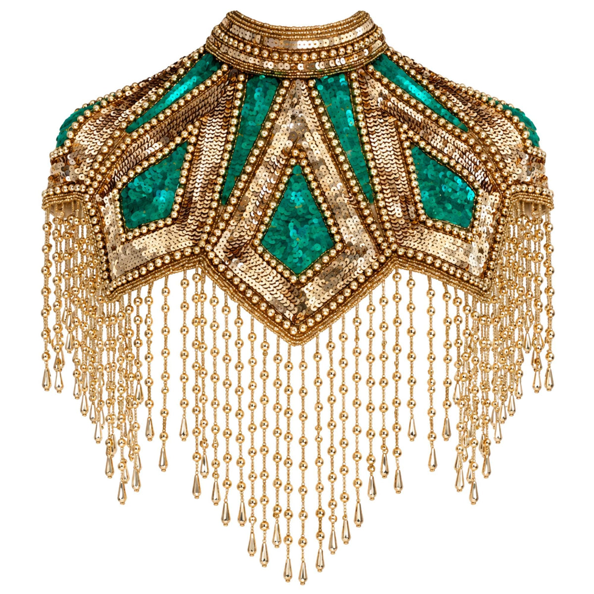 Art Deco Capelet: Structured High Collar Gold Beaded Fringe Cape