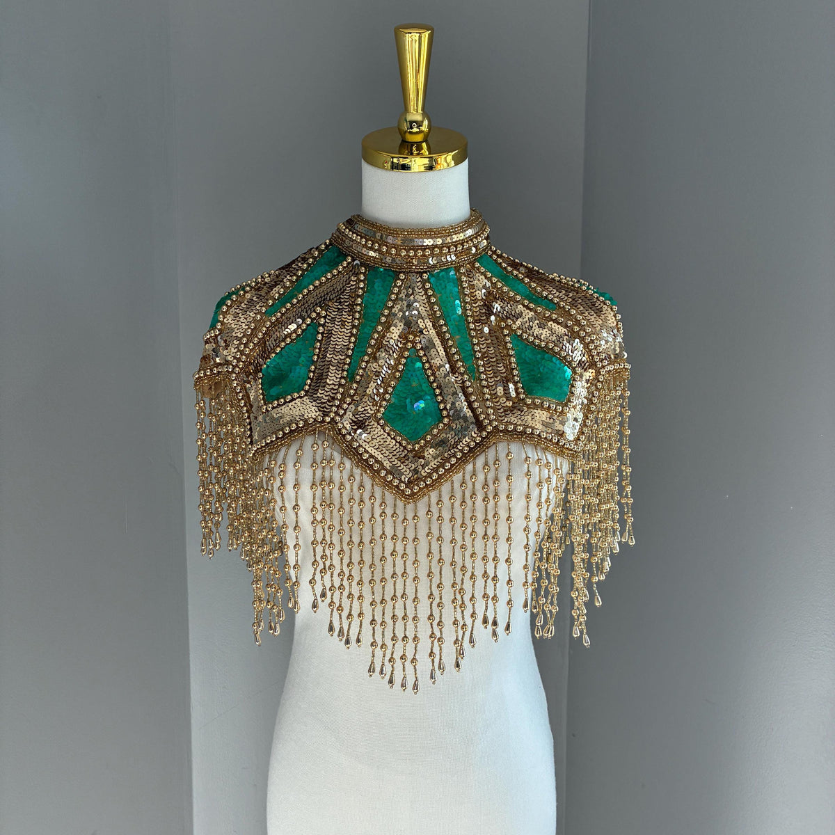 Art Deco Capelet: Structured High Collar Gold Beaded Fringe Cape