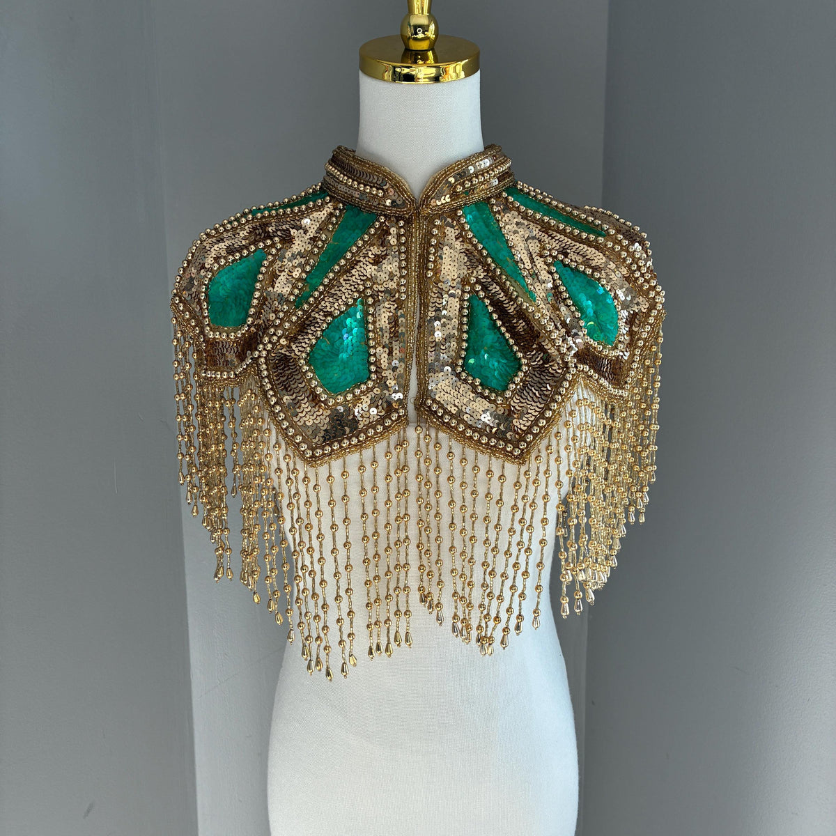 Art Deco Capelet: Structured High Collar Gold Beaded Fringe Cape