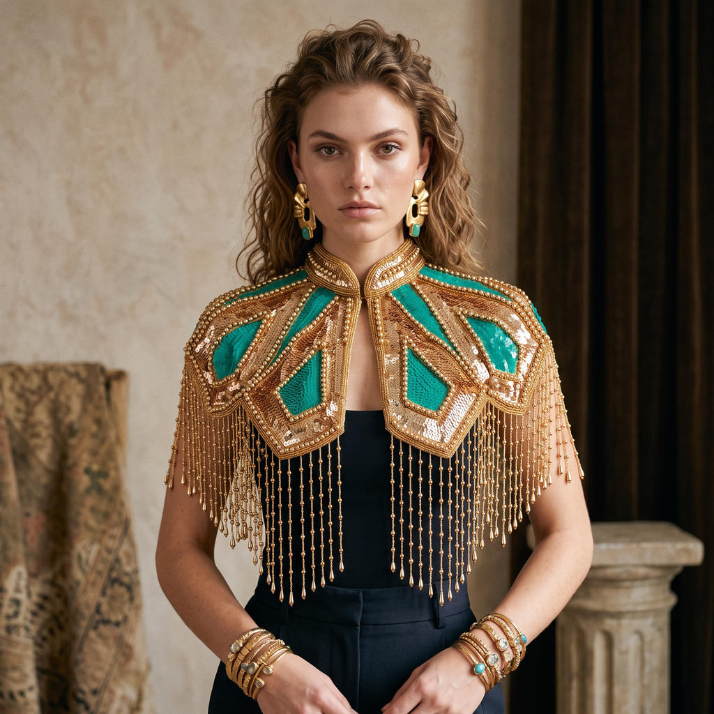 Art Deco Capelet: Structured High Collar Gold Beaded Fringe Cape
