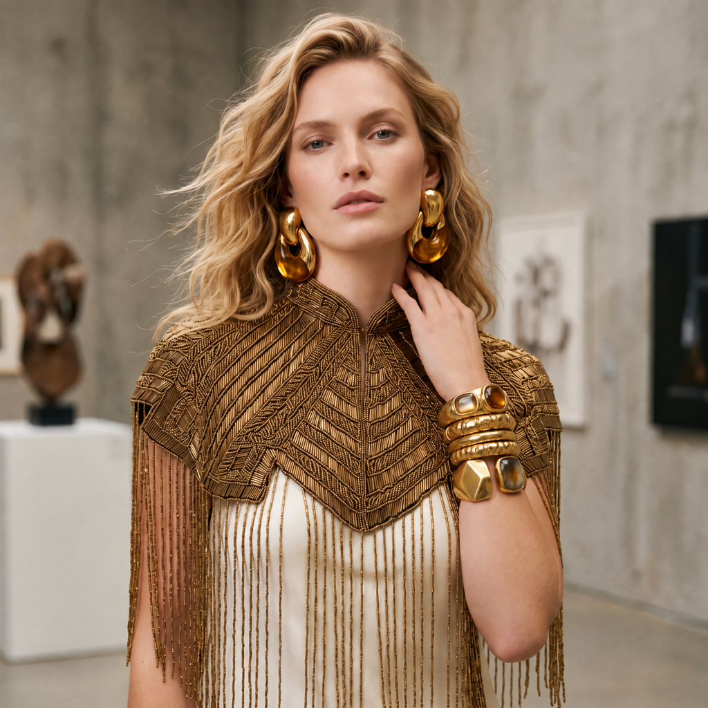 The "Marquee" Beaded Fringe Cape, Gold
