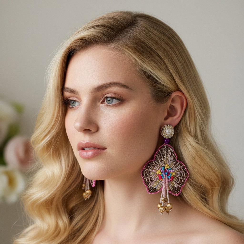 The Jaipur Bloom – Hand-Embroidered Floral Statement Earrings