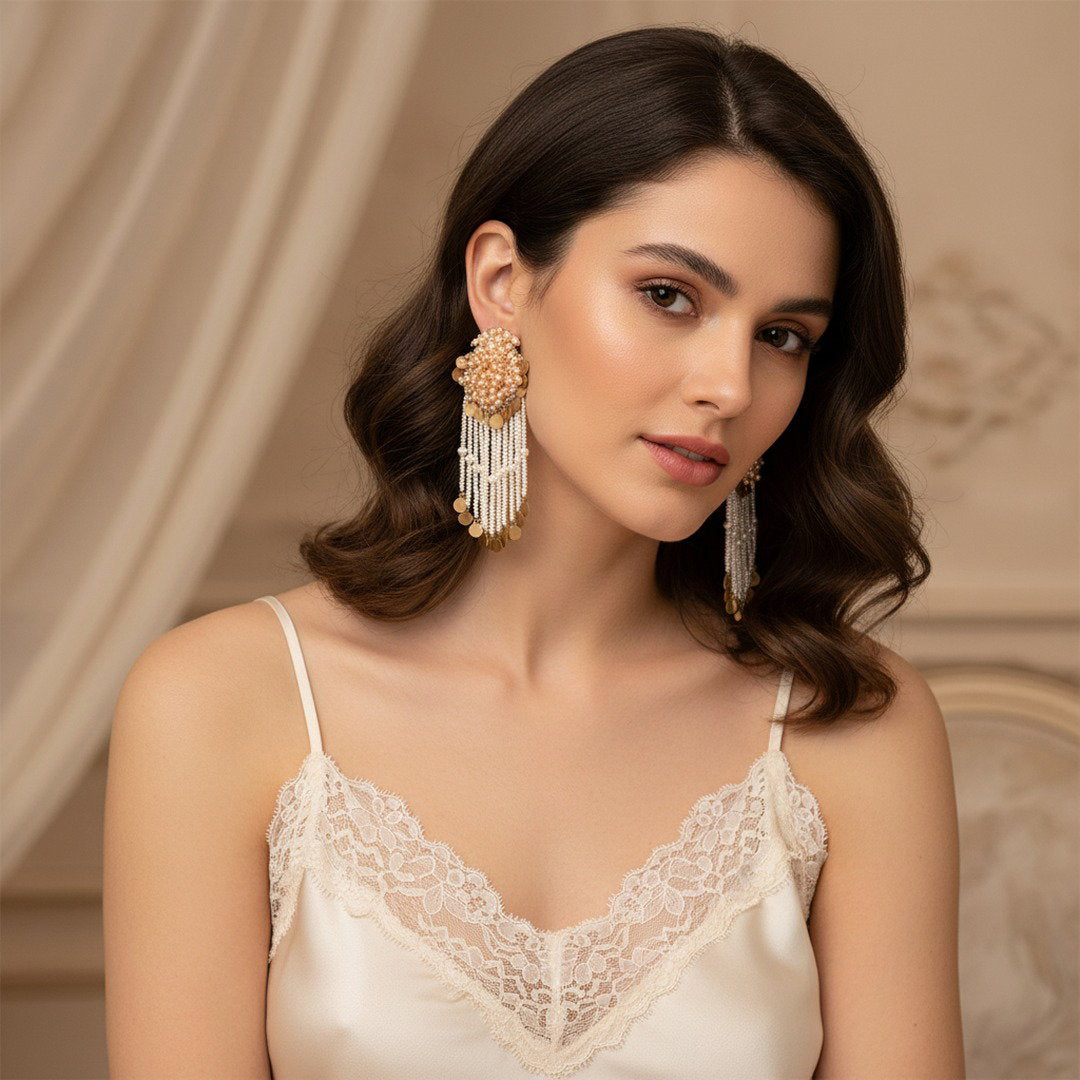 The Champagne Cascade – Hand-Embroidered Pearl Fringe Statement Earrings