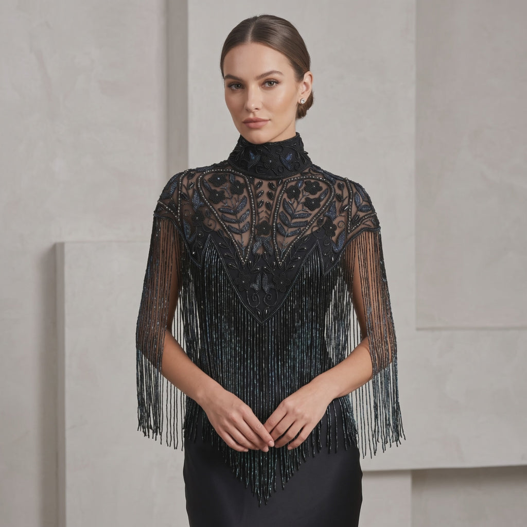 Noir Jardin Beaded Capelet, Black Fringe Cape