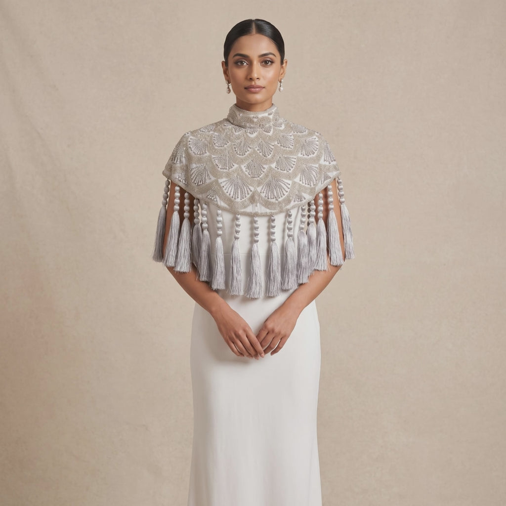 Celestine Silver Beaded Tassel Cape
