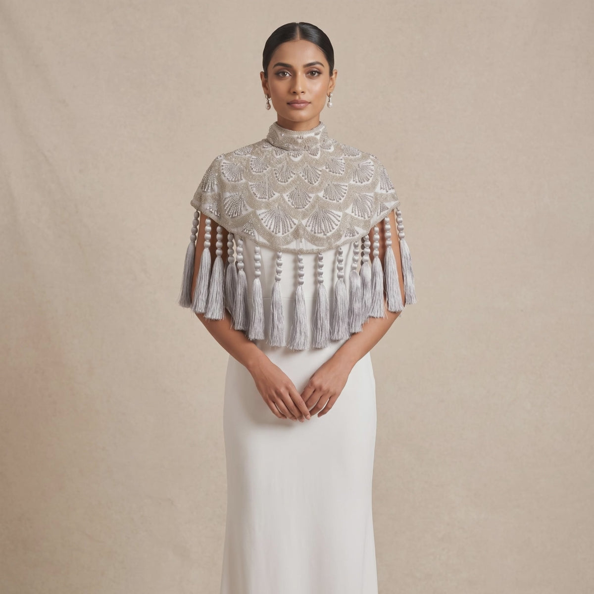 Celestine Silver Beaded Tassel Cape