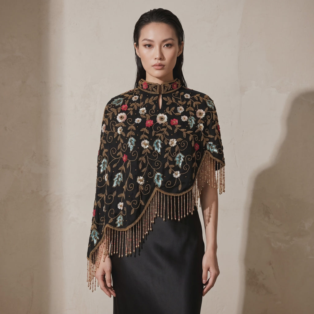 Midnight Botanica Asymmetrical Beaded Cape