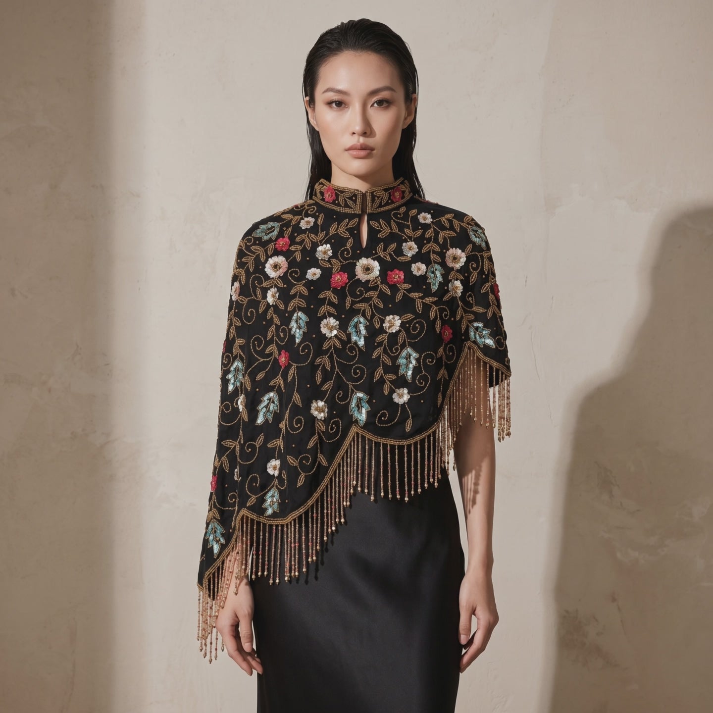 Midnight Botanica Asymmetrical Beaded Cape