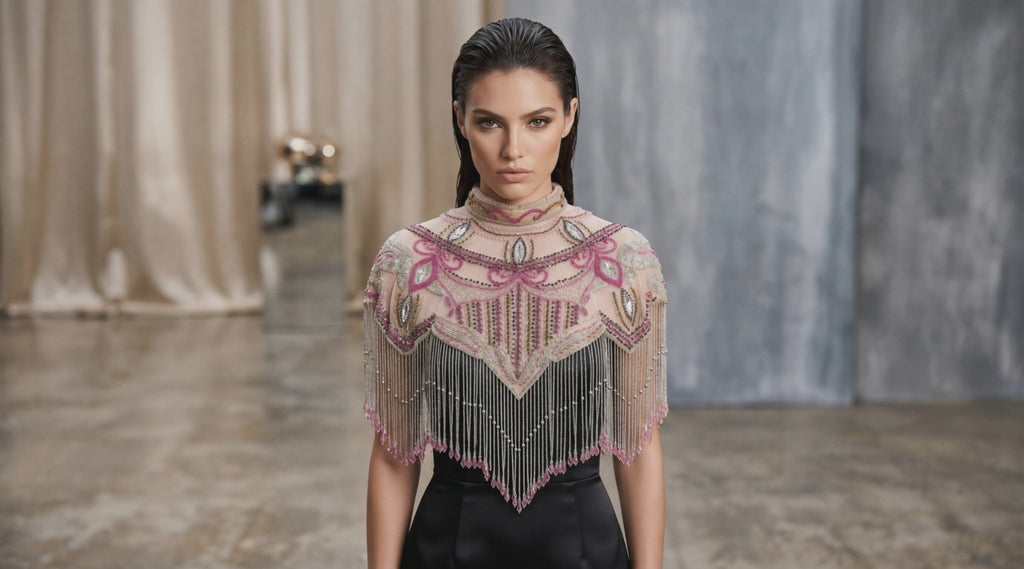 The "Pink Cabaret" Beaded Fringe Cape, Pink Gold & Silver