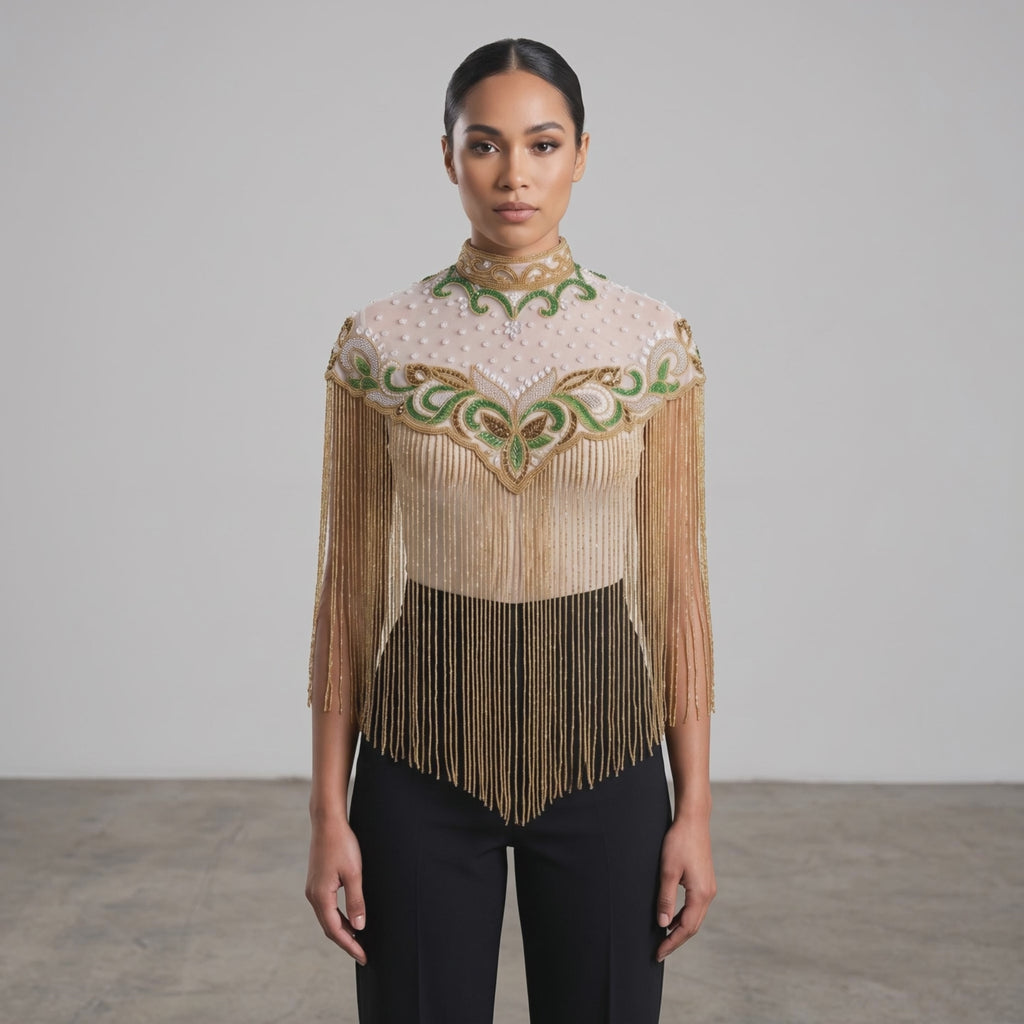 The Verdelle | Hand-Beaded Emerald Fringe Capelet
