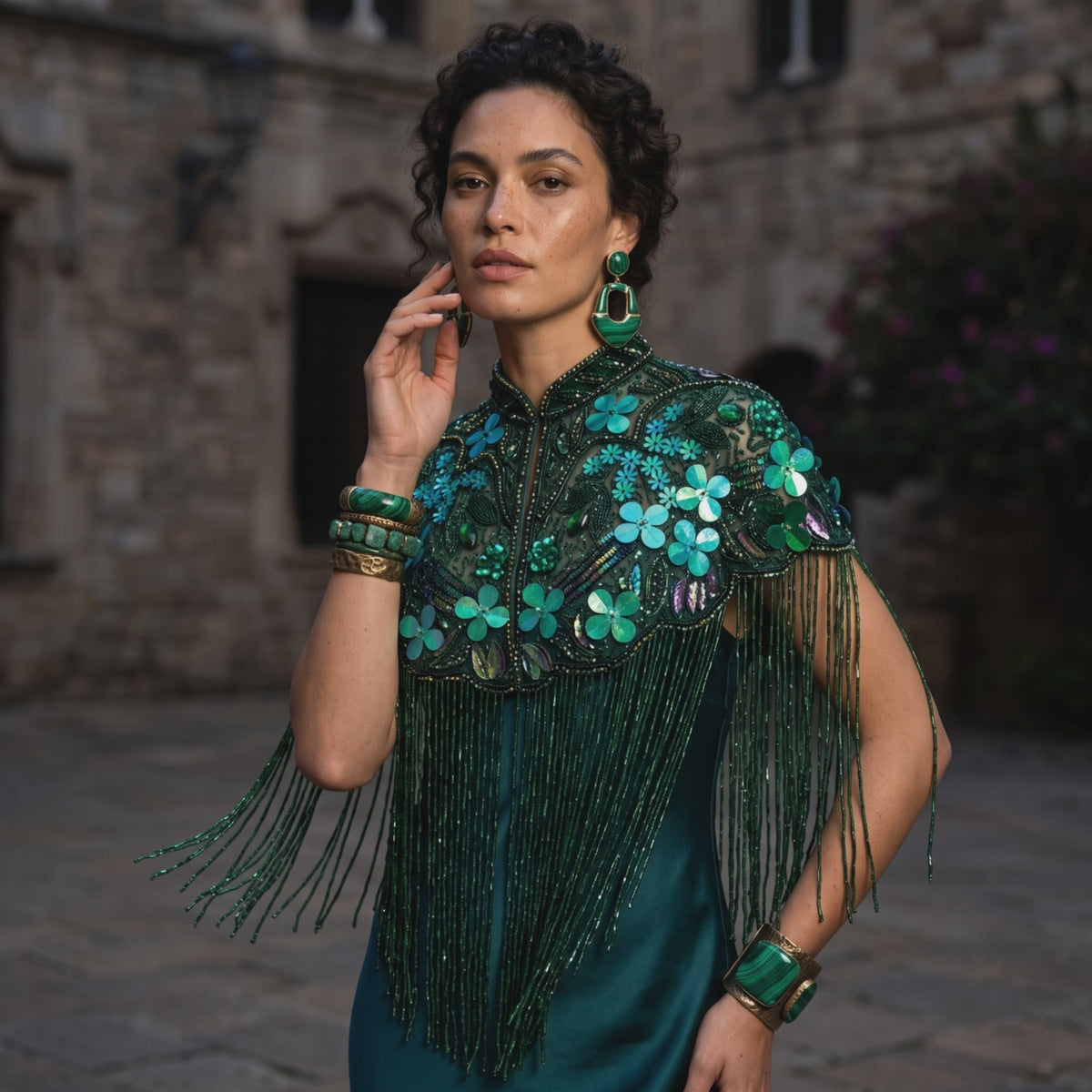 The Emerald Garden Beaded Fringe Capelet