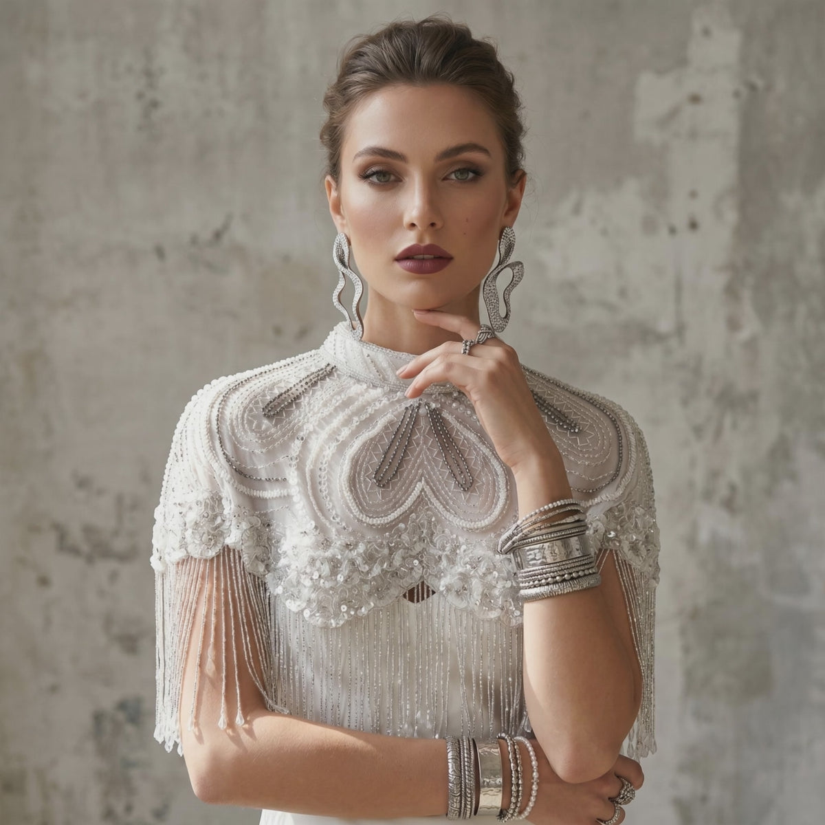 The "Opaline" Beaded Fringe Cape, White & Silver