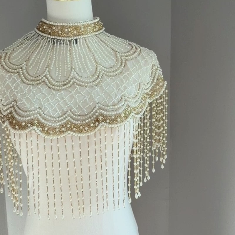 The Margaux | Pearl & Gold Beaded Fringe Capelet