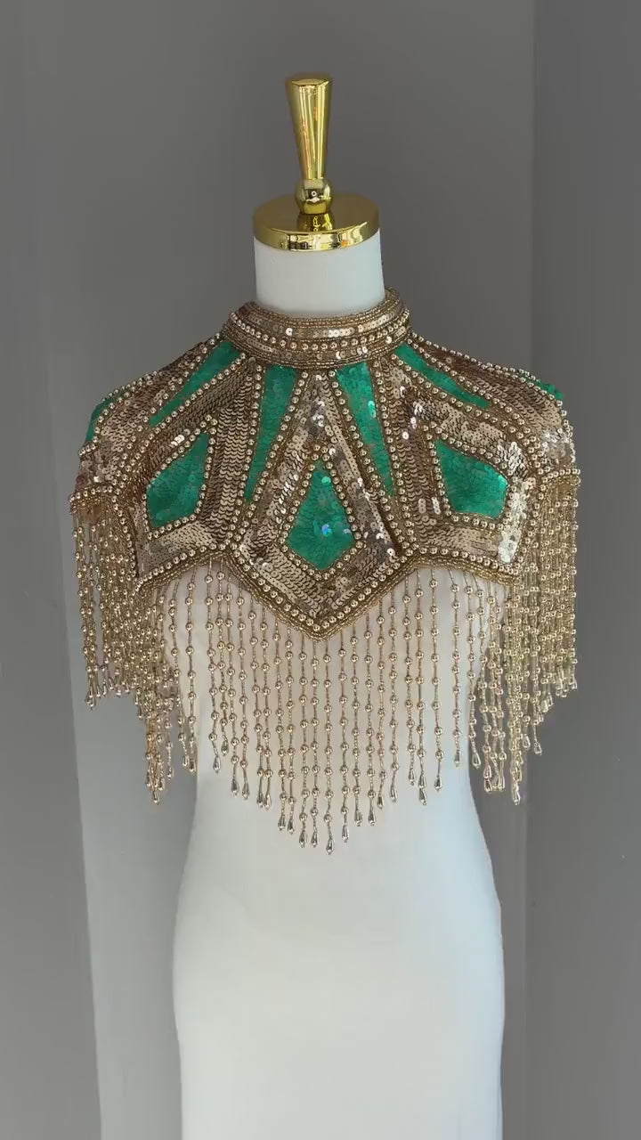 Art Deco Capelet: Structured High Collar Gold Beaded Fringe Cape