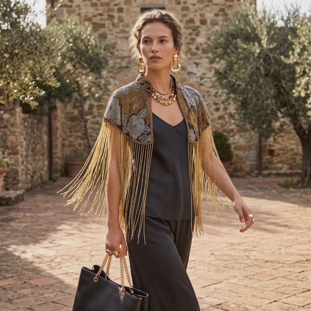 The Bellamy | Hand-Beaded Floral Fringe Capelet