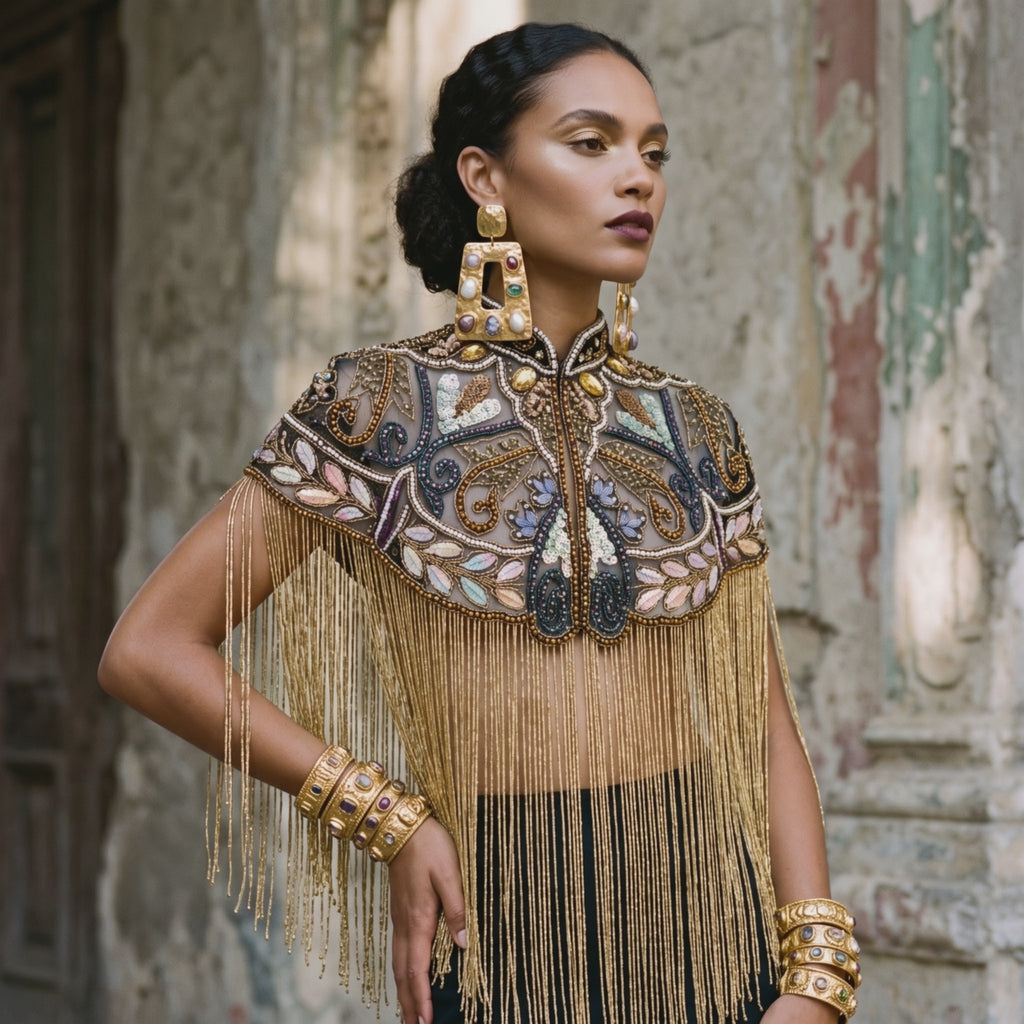 The Zafira | Hand-Beaded Botanical Fringe Cape