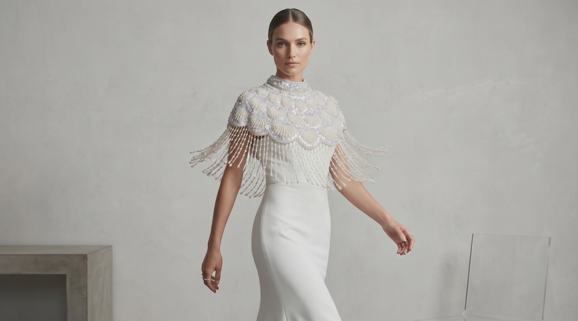 The "Gatsby" Beaded Fringe Cape, Ivory