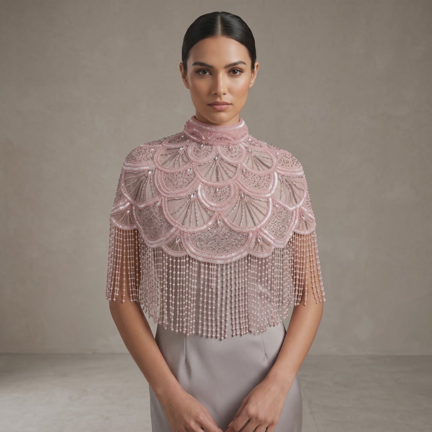 Rosé Reverie Beaded Capelet, Fringe Cape
