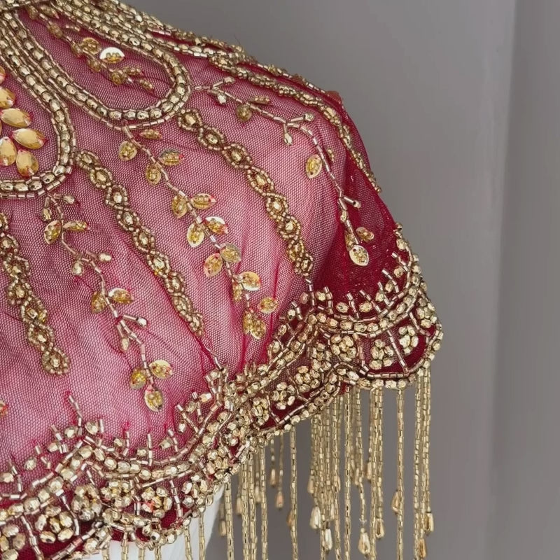 The Calista | Maroon & Gold Beaded Fringe Capelet