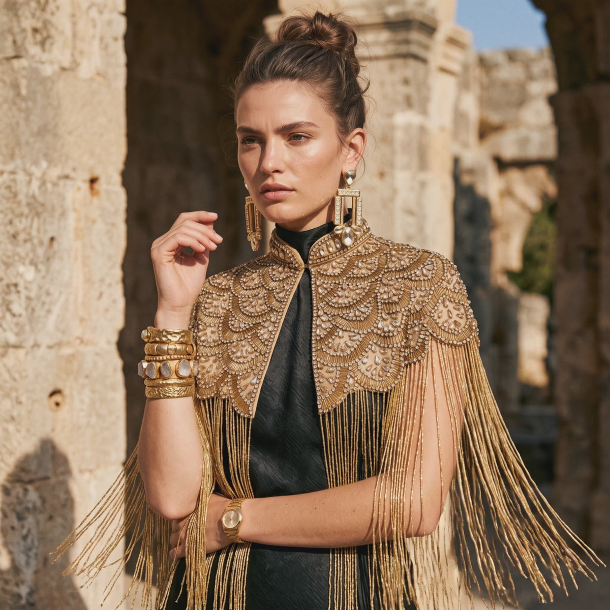 The "Starlight Cascade" Beaded Fringe Cape, Gold