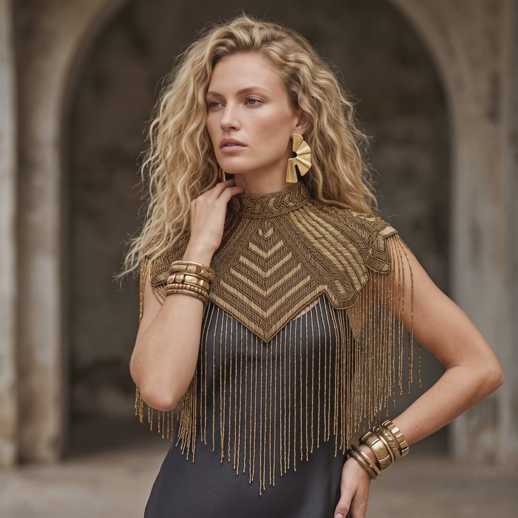 The "Marquee" Beaded Fringe Cape, Gold