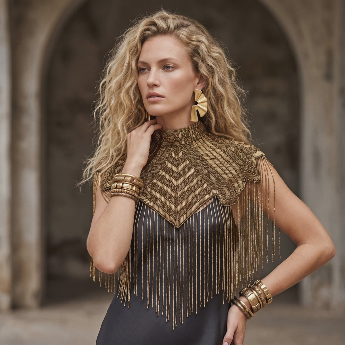 The "Marquee" Beaded Fringe Cape, Gold