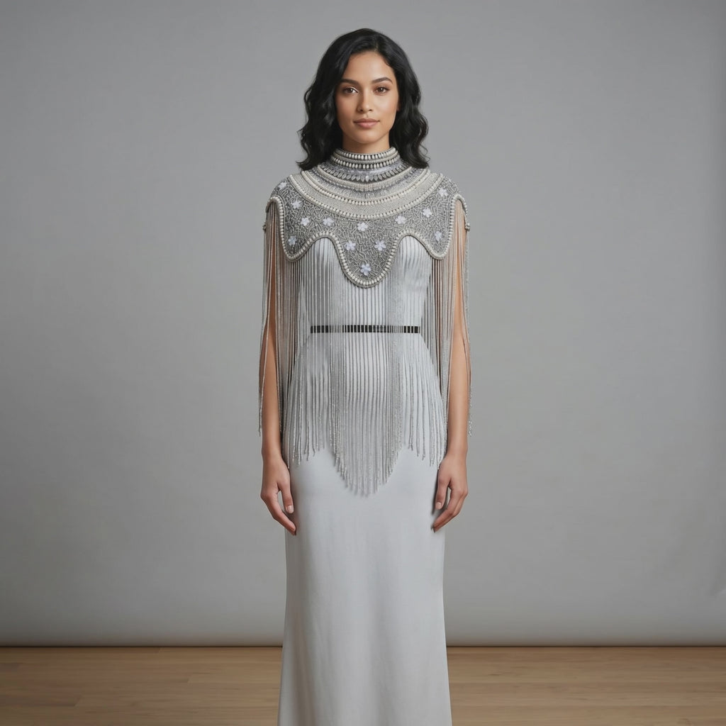 The "Antique Garden" Beaded Fringe Cape, Black & Silver