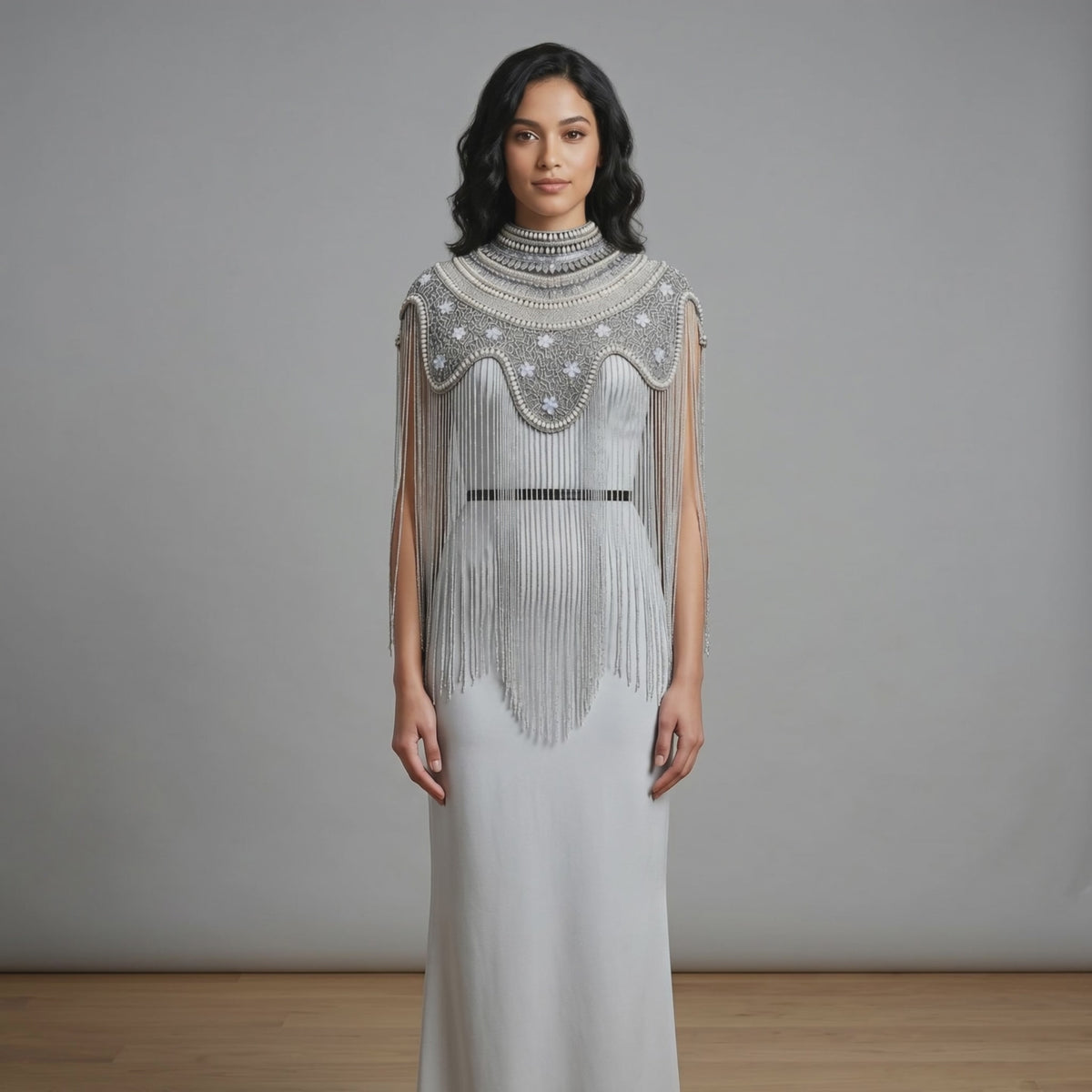 The "Antique Garden" Beaded Fringe Cape, Black & Silver