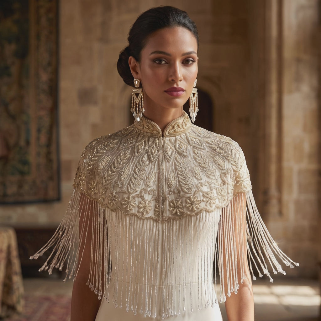 The Mirabelle, Ivory Hand-Beaded Floral Fringe Capelet